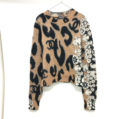 Chanel Sweater P75361 Cashmere Brown 23A Coco Mark Leopard Pattern 34
