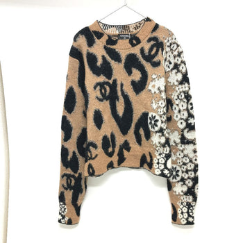 Chanel Sweater P75361 Cashmere Brown 23A Coco Mark Leopard Pattern 34