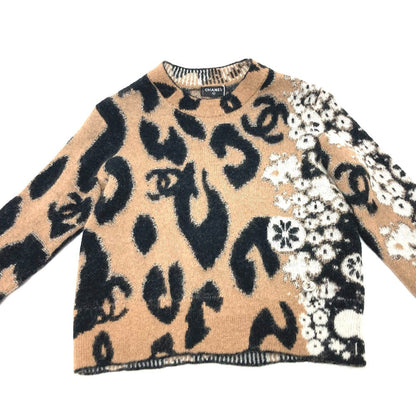 Chanel Sweater P75361 Cashmere Brown 23A Coco Mark Leopard Pattern 34
