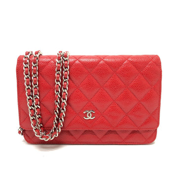 Chanel Shoulder Bag Ap0250 Caviar Skin Red Long Wallet Purse Cc Coco Mark Classic