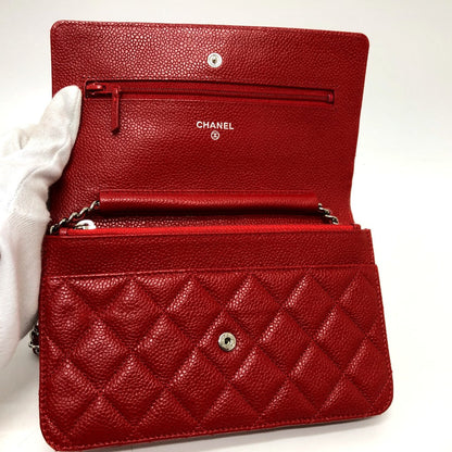 Chanel Shoulder Bag Ap0250 Caviar Skin Red Long Wallet Purse Cc Coco Mark Classic
