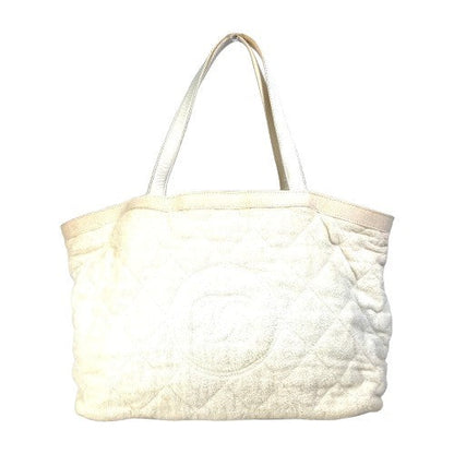 Chanel Tote Bag Cotton Leather White Beach Bag Pile Cc Coco Mark Women