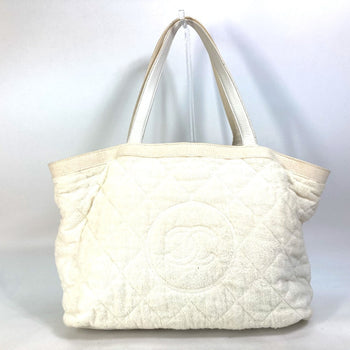 Chanel Tote Bag Cotton Leather White Beach Bag Pile Cc Coco Mark Women