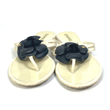Chanel Sandals Rubber White X Black Flat Petanko Camellia Coco Mark Cc Women 37