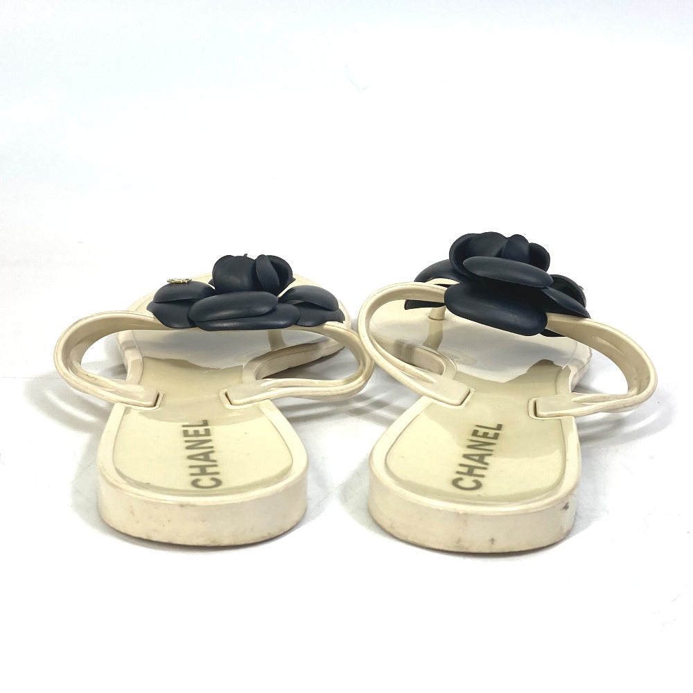 Chanel Sandals Rubber White X Black Flat Petanko Camellia Coco Mark Cc Women 37