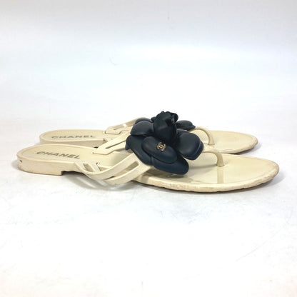 Chanel Sandals Rubber White X Black Flat Petanko Camellia Coco Mark Cc Women 37