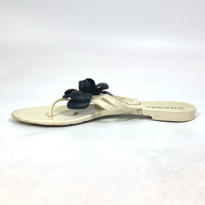 Chanel Sandals Rubber White X Black Flat Petanko Camellia Coco Mark Cc Women 37