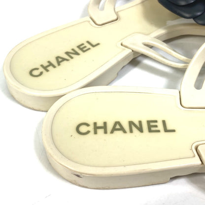 Chanel Sandals Rubber White X Black Flat Petanko Camellia Coco Mark Cc Women 37