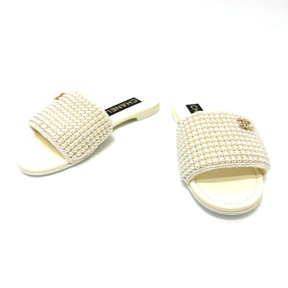 Chanel Sandals G46302B Leather White 25P Faux Pearl Coco Mark 36C