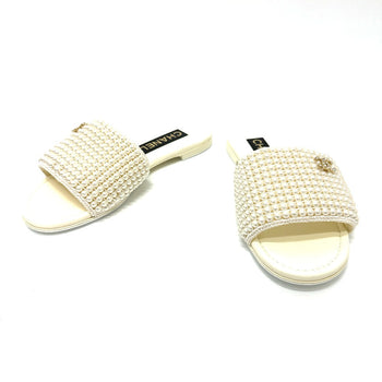 Chanel Sandals G46302B Leather White 25P Faux Pearl Coco Mark 36C
