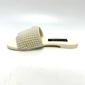 Chanel Sandals G46302B Leather White 25P Faux Pearl Coco Mark 36C