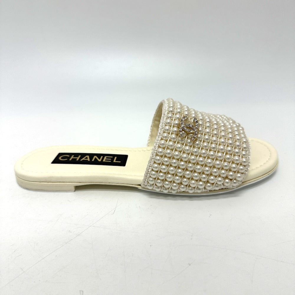 Chanel Sandals G46302B Leather White 25P Faux Pearl Coco Mark 36C