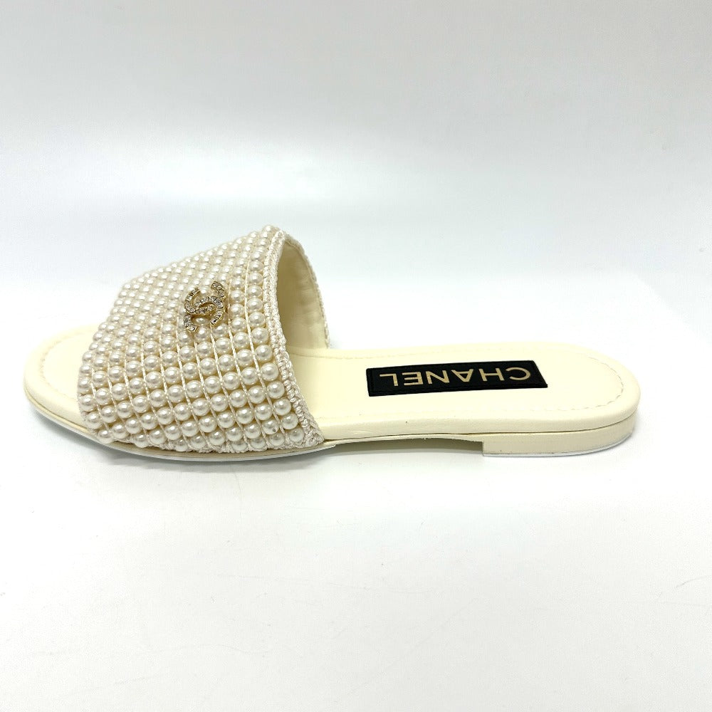 Chanel Sandals G46302B Leather White 25P Faux Pearl Coco Mark 36C