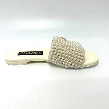 Chanel Sandals G46302B Leather White 25P Faux Pearl Coco Mark 36C