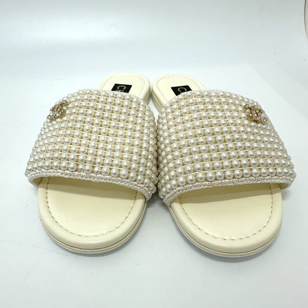 Chanel Sandals G46302B Leather White 25P Faux Pearl Coco Mark 36C