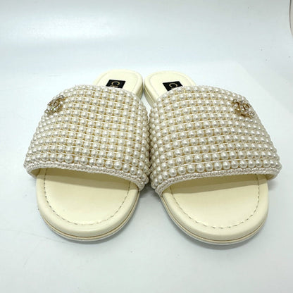 Chanel Sandals G46302B Leather White 25P Faux Pearl Coco Mark 36C
