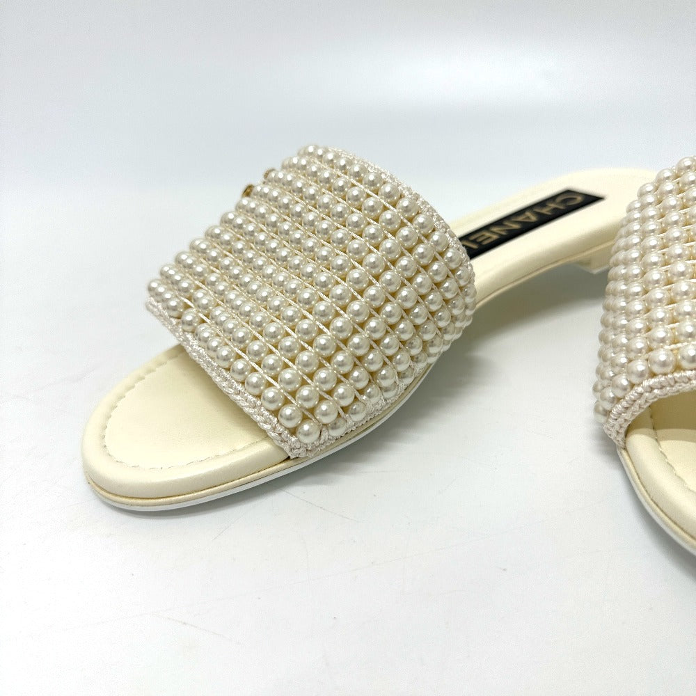Chanel Sandals G46302B Leather White 25P Faux Pearl Coco Mark 36C