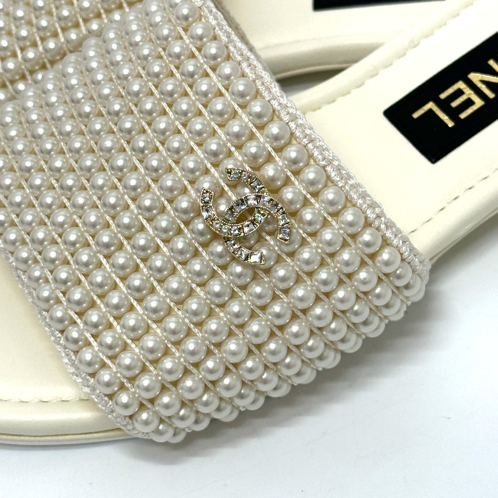 Chanel Sandals G46302B Leather White 25P Faux Pearl Coco Mark 36C