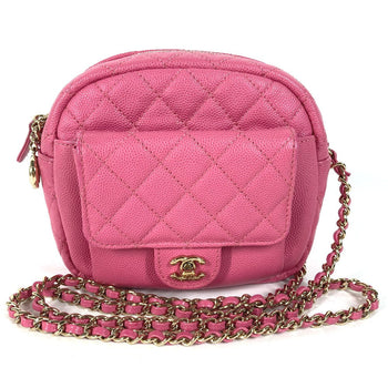 Chanel Shoulder Bag Caviar Skin Pink Matelasse Quilted Chain Bag Cc Coco Mark Women