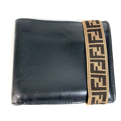 Fendi Folded Wallet 7M0266 Leather Black Zucca Rubber Belt Logo Unisex(Unisex)