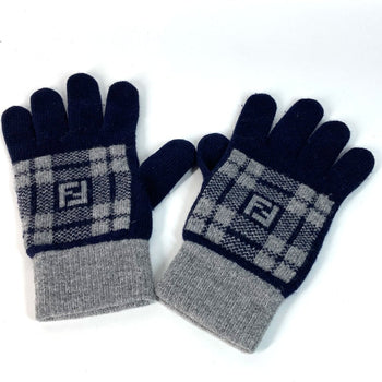 Fendi Gloves Fxy010 Wool Navy Check Ff Bicolor Logo Women