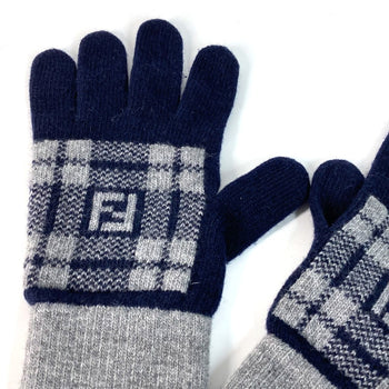 Fendi Gloves Fxy010 Wool Navy Check Ff Bicolor Logo Women