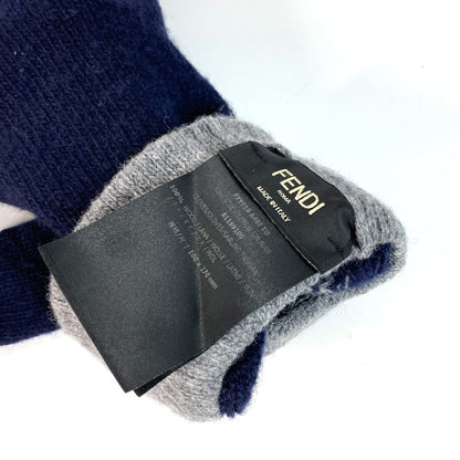 Fendi Gloves Fxy010 Wool Navy Check Ff Bicolor Logo Women