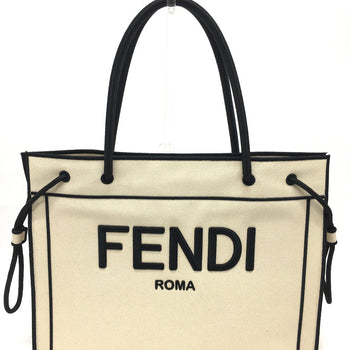 Fendi Tote Bag 8Bh379 Canvas Beige X Black Logo Rome Shopper Women