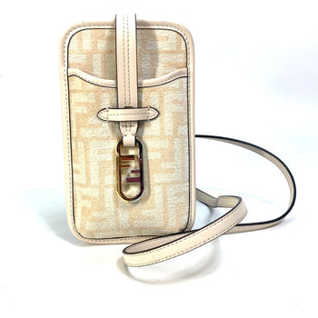Fendi Pouch 7As131 Viscose/Leather Beige Smartphone Case Zucca Logo Phone Pouch, Smartphone Pouch