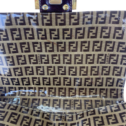 Fendi Shoulder Bag Coated Canvas Brown Gold Metal Zucchino Zucca Mamma Bucket