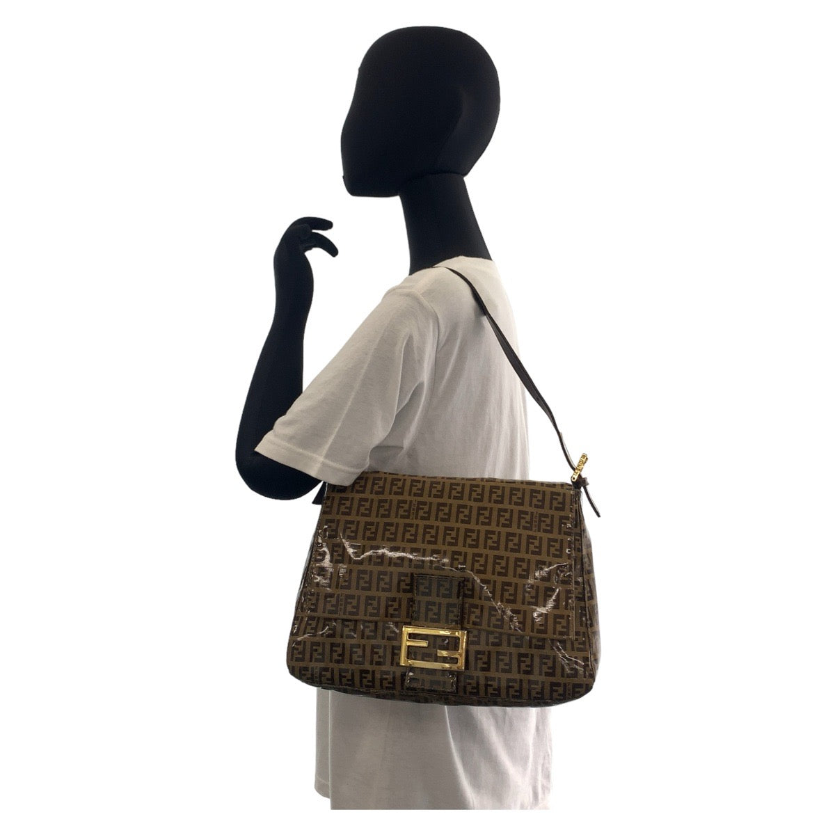 Fendi Shoulder Bag Coated Canvas Brown Gold Metal Zucchino Zucca Mamma Bucket