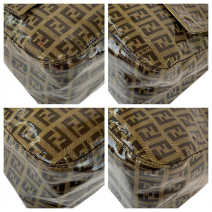 Fendi Shoulder Bag Coated Canvas Brown Gold Metal Zucchino Zucca Mamma Bucket