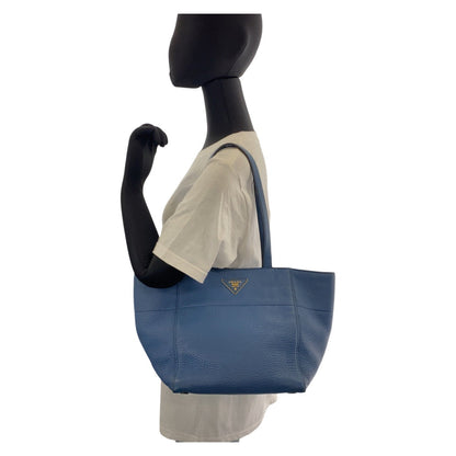 Prada Tote Bag Leather Blue Goldmetal Tote Bag Shoulder Bag Triangle With Logo Women