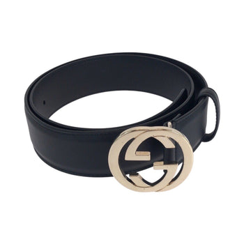 Gucci Belt 370543 Leather Black Belts Unisex Interlocking Mens 30
