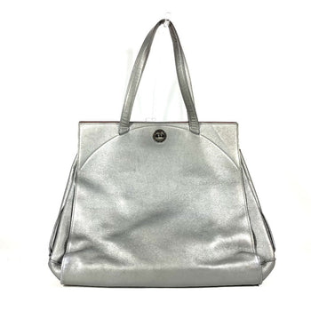 Bvlgari Tote Bag Leather Silver Shoulder Logo Turn Lock Unisex(Unisex)