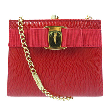 Salvatore Ferragamo Shoulder Bag 223354 Embossed Leather Red Vara Ribbon Women Secondhand