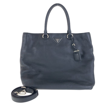 Prada Tote Bag Leather Black Silvermetal Tote Bag Shoulder Bag 2Way Vittero Dyno Triangle With Logo
