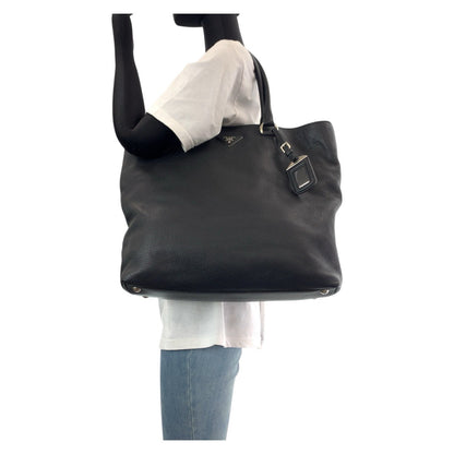 Prada Tote Bag Leather Black Silvermetal Tote Bag Shoulder Bag 2Way Vittero Dyno Triangle With Logo