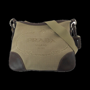 Prada Shoulder Bag Canvas Brown Silver Metal Shoulder Bag Pochette Logo Jacquard Women