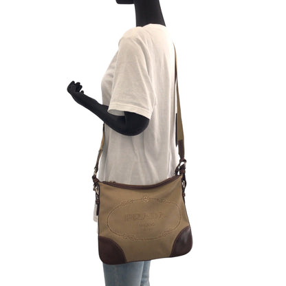 Prada Shoulder Bag Canvas Brown Silver Metal Shoulder Bag Pochette Logo Jacquard Women