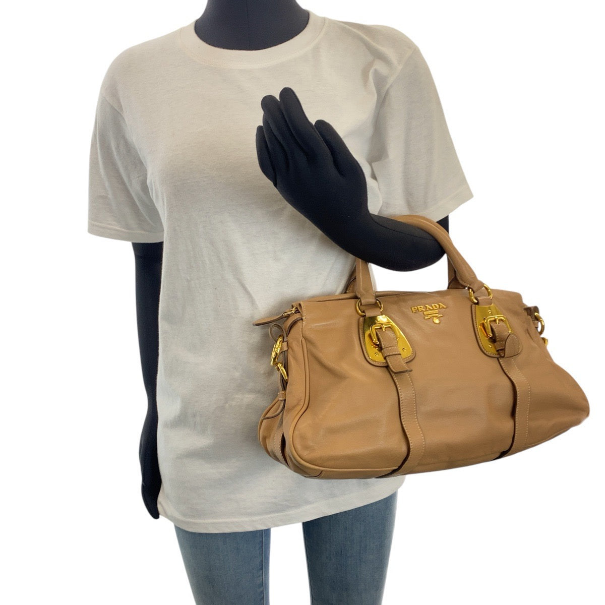 Prada Handbag Bn1903 Leather Beige Gold Metal Handbag Shoulder Bag 2Way Women