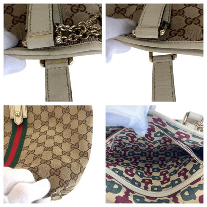 Gucci Tote Bag 139260 Gg Canvas, Leather Brown White Gold Metal Tote Bag Shoulder Bag Sherry Line