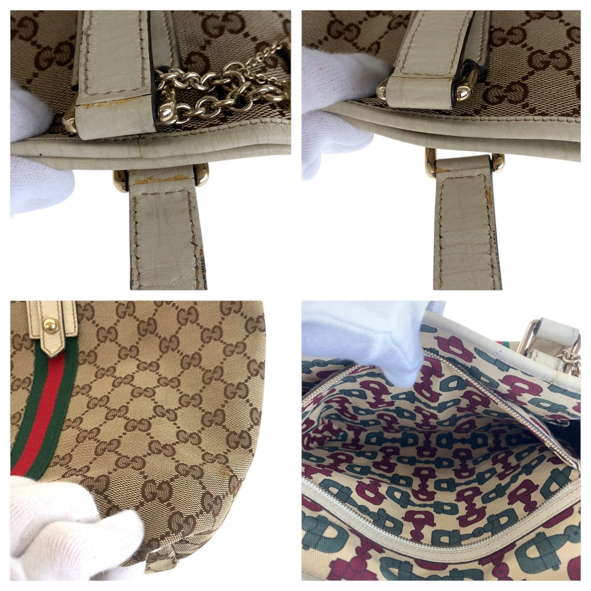 Gucci Tote Bag 139260 Gg Canvas, Leather Brown White Gold Metal Tote Bag Shoulder Bag Sherry Line