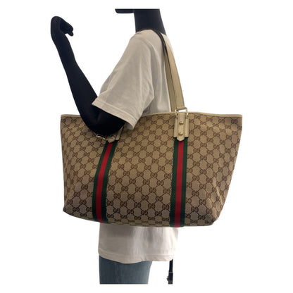 Gucci Tote Bag 139260 Gg Canvas, Leather Brown White Gold Metal Tote Bag Shoulder Bag Sherry Line