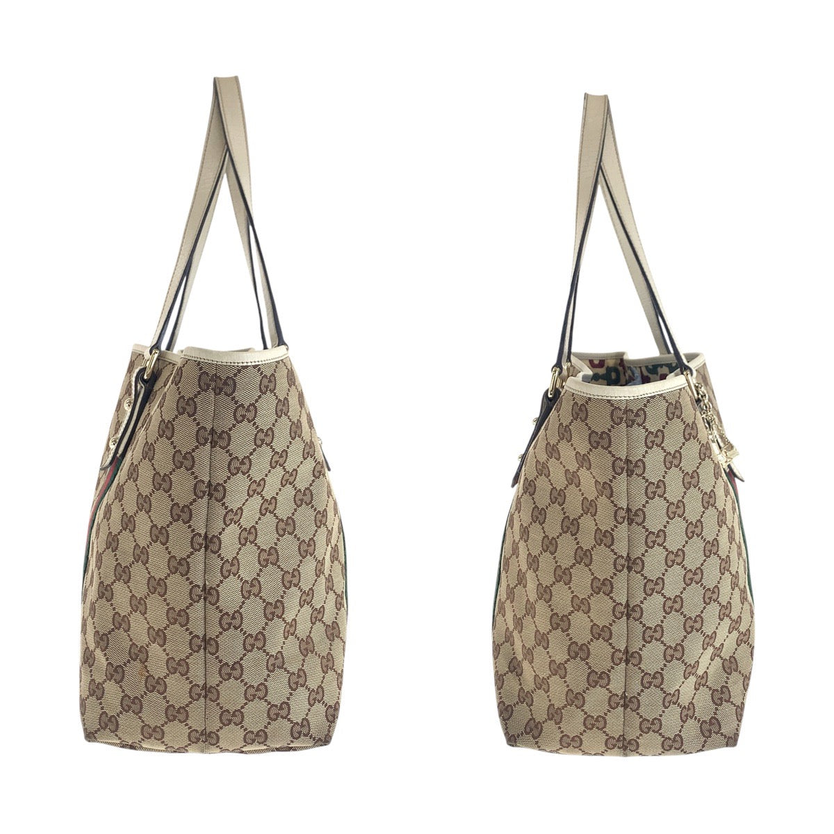 Gucci Tote Bag 139260 Gg Canvas, Leather Brown White Gold Metal Tote Bag Shoulder Bag Sherry Line
