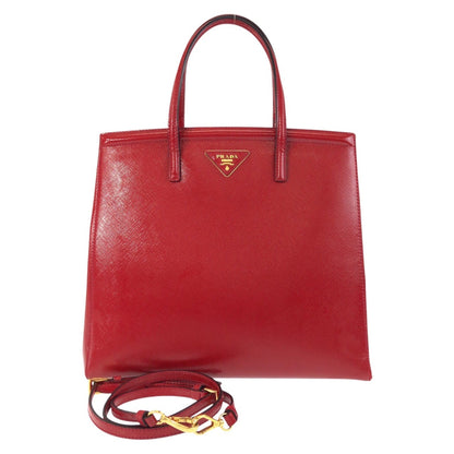 Prada Tote Bag Leather Red Gold Metal Tote Bag Shoulder Bag 2Way Safiano Women