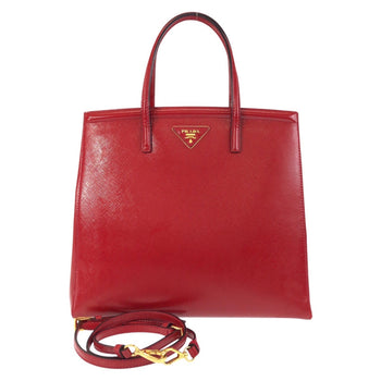 Prada Tote Bag Leather Red Gold Metal Tote Bag Shoulder Bag 2Way Safiano Women