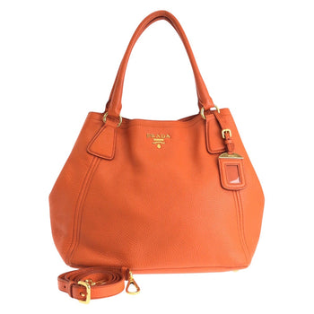 Prada Tote Bag Leather Orange Tote Bag Shoulder Bag 2Way Vittero Women