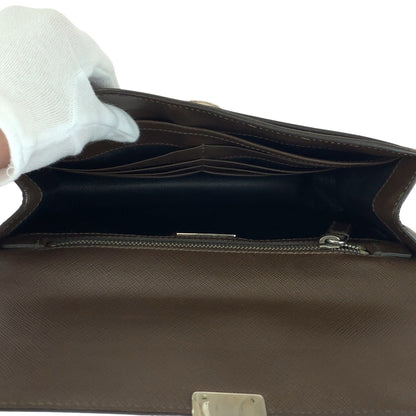Prada Clutch Bag Leather Brown Silver Metal Clutch Bag Business Bag Safiano Triangle With Logo Mens
