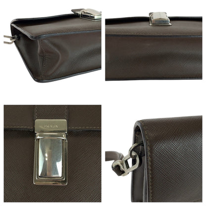 Prada Clutch Bag Leather Brown Silver Metal Clutch Bag Business Bag Safiano Triangle With Logo Mens